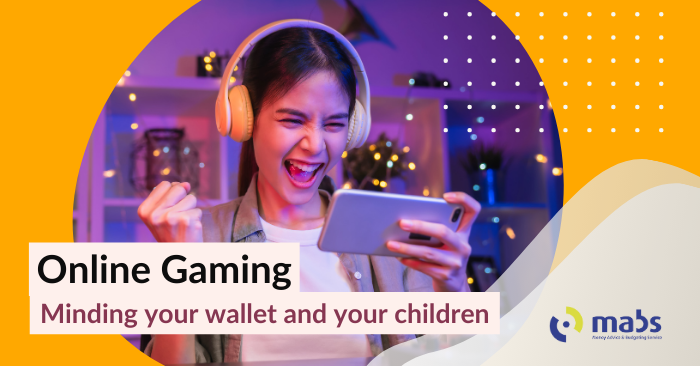 Blog post banner image contains an image of a young girl playing a mobile game in her bedroom. Text on the banner reads "Online Gaming - Minding your wallet and your children"