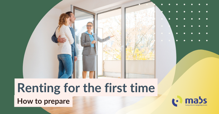 Blog cover image holds an image in the centre of a couple in an empty apartment being shown the view by an estate agent. The text on the cover photo reads "Renting for the first time - how to prepare"