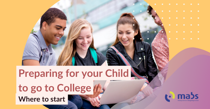 Blog cover image holds an image in the center of four college students looking at a laptop screen. The text on the cover photo reads "Preparing for your child to go to college - Where to start"