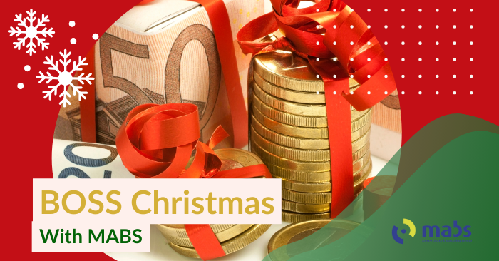 Blog cover image. In the center there is an image of euros wrapped in bows. There is a caption on the blog cover image that reads "BOSS Christmas with MABS"