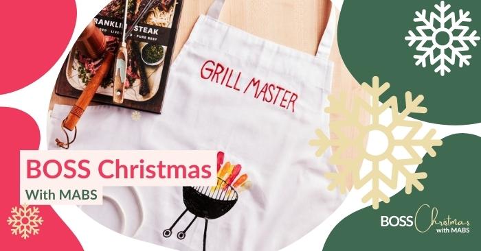 Christmas Gift Idea with Apron and BOSS Christmas with MABS pink and green design around it 