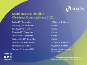 Graphic with opening hours of MABS national helpline over the festive season 2022