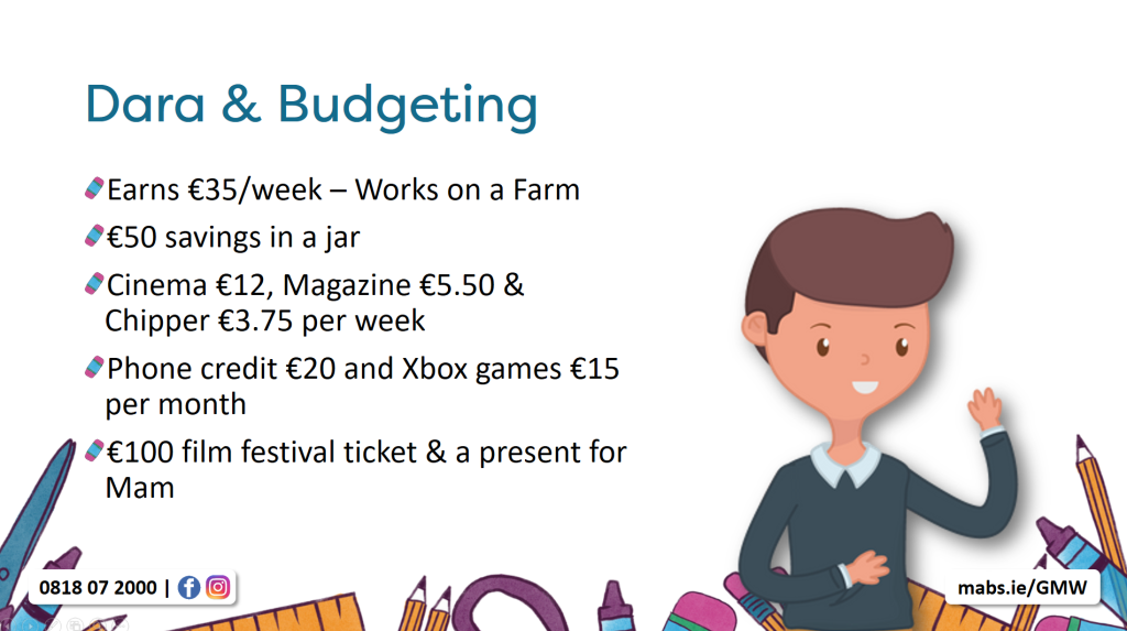 Graphic with the words Dara and Budgeting and a drawing of a young person looking to the right