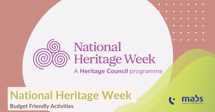 Cover image for blog post. Text reads "National Heritage Week - Budget-friendly activities". Center image holds the National Heritage Week symbol and text. 