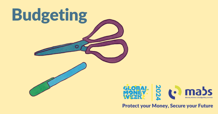 graphic with a drawing of a scissors and crayon. Global Money Week 2024. Protect Your Money, Secure Your Future. 
